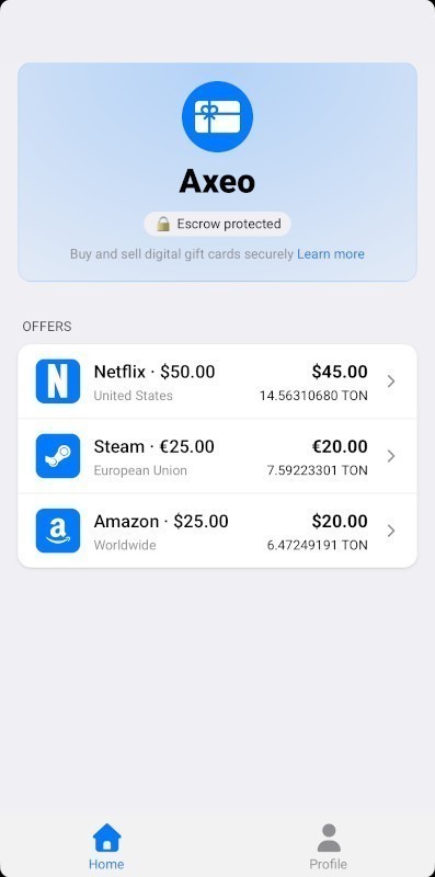 Telegram Mini App catalog screen showing digital goods categories